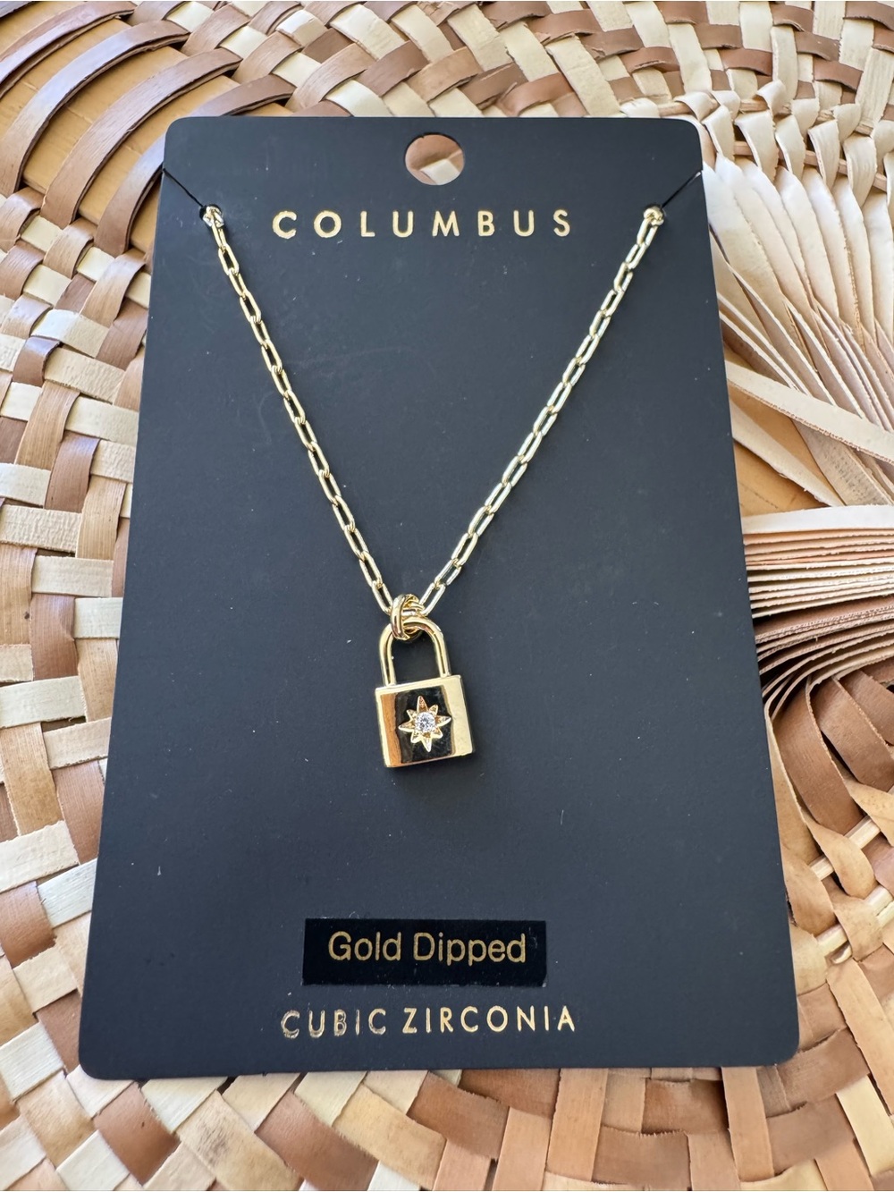 Columbus Gold Padlock Necklace with Cubic Zirconia Accent